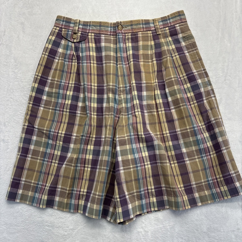 LizSport Shorts Women's Size 14 Purple Green Plaid High Waist Pleated Casual
